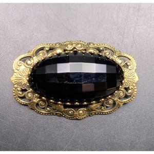 Freirich Brooch Pin Gold Tone Black Glass Faceted Look Open Work Vintage